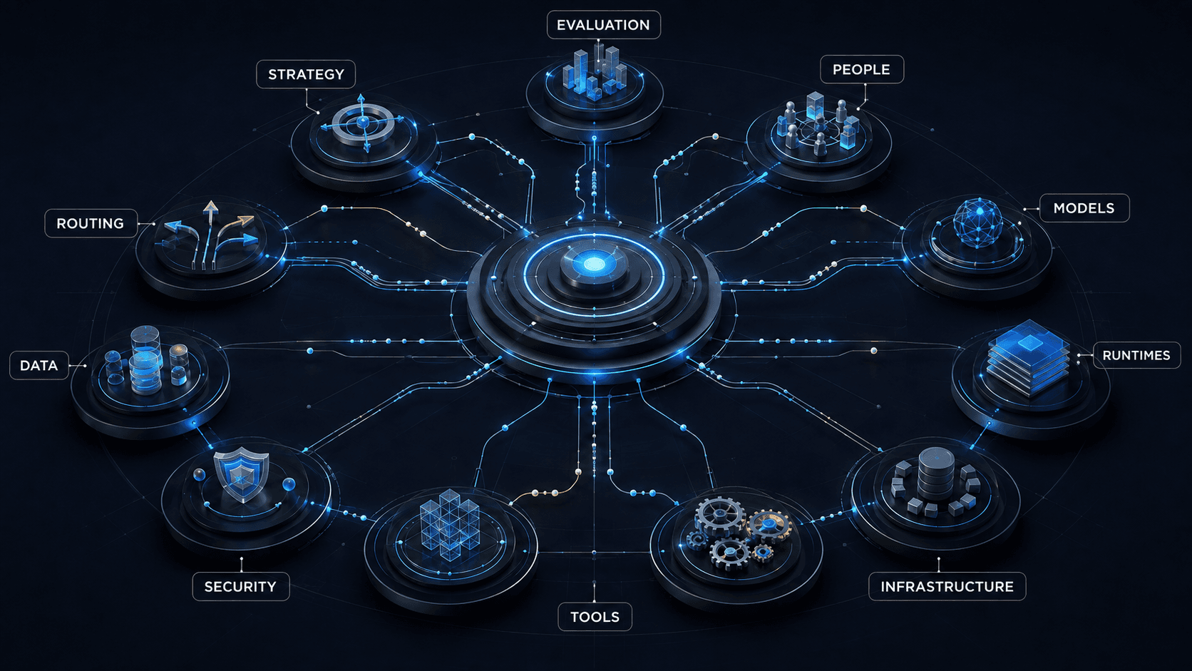 A central orchestration system connecting ten specialized parts of a multi-agent ecosystem